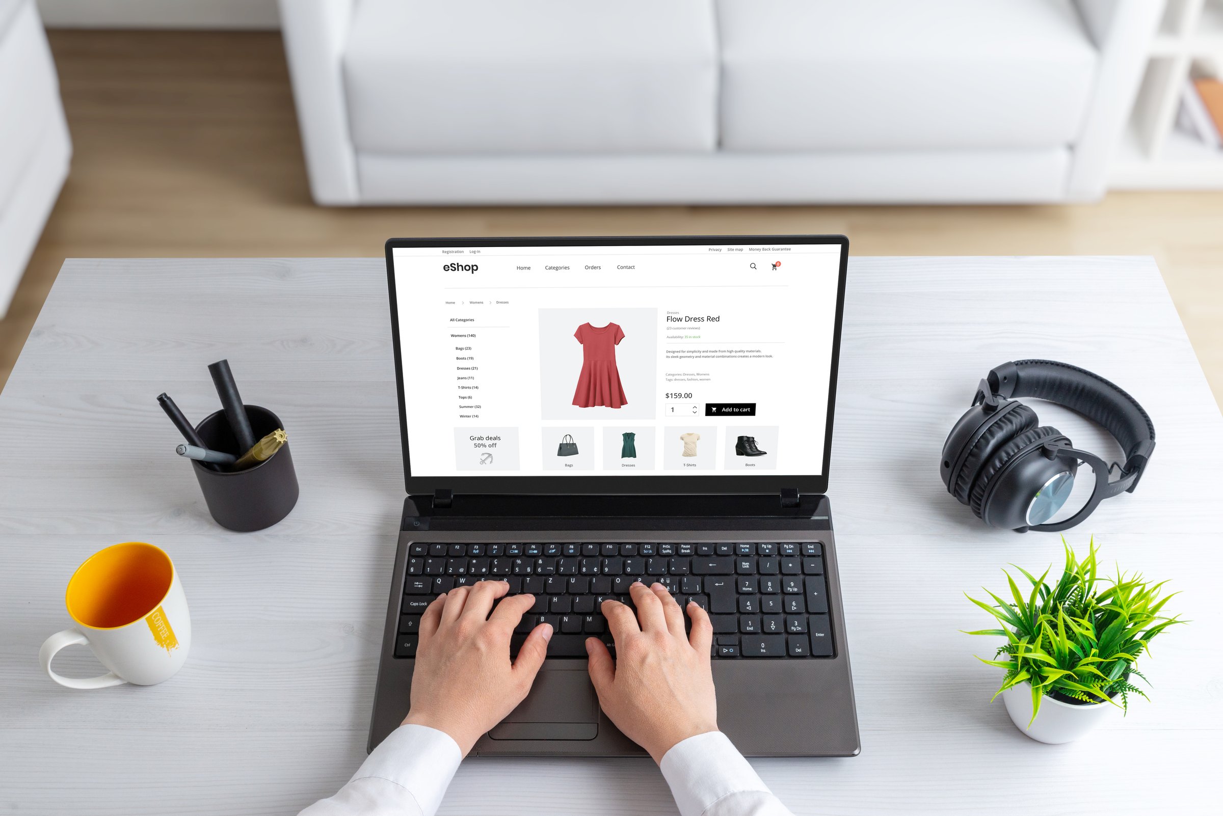 Stylish woman exploring the clothes online, shopping, selecting a beautiful red dress that perfectly complements her taste and personality