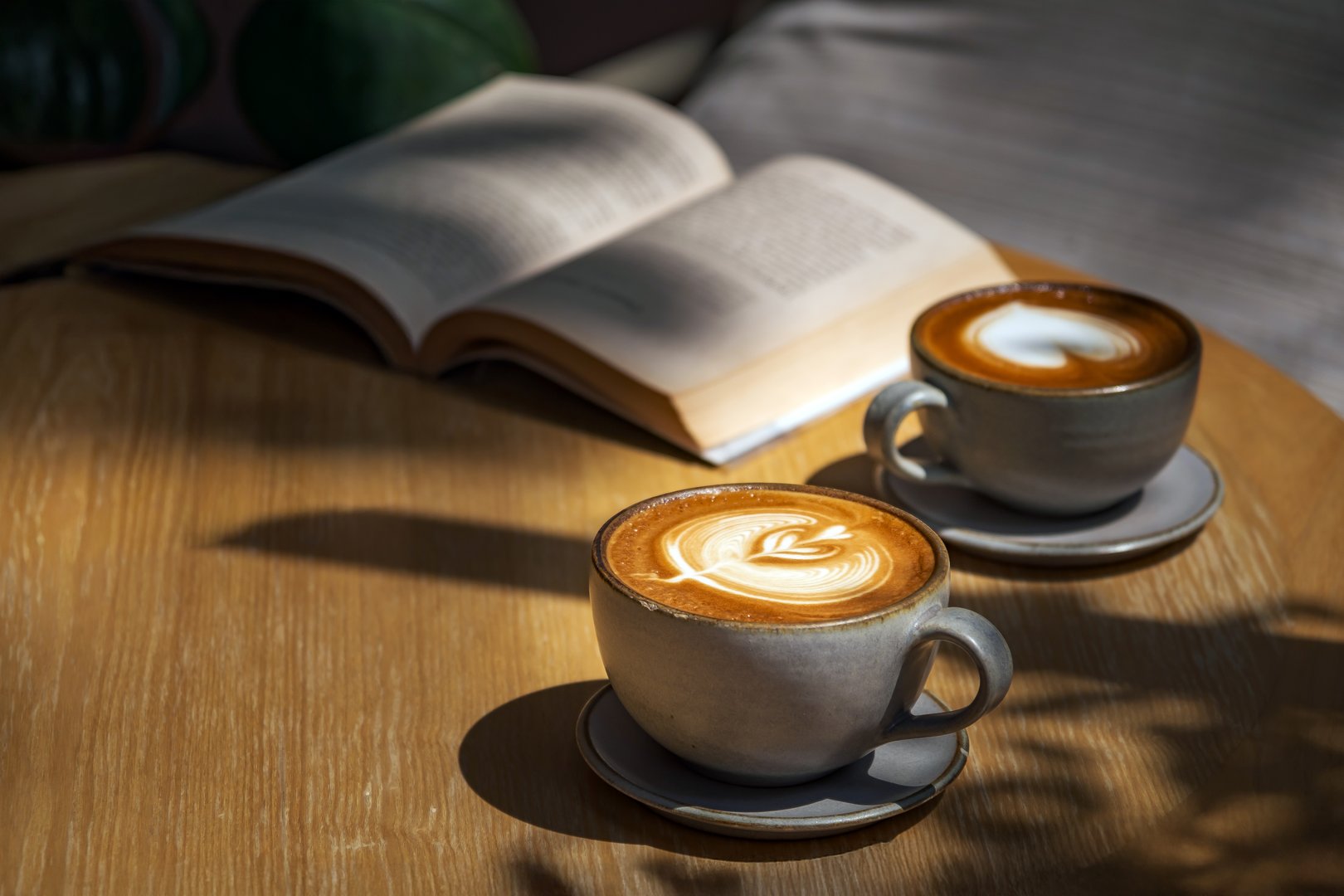 cup of hot latte on wooden table with opened text book in light and shade