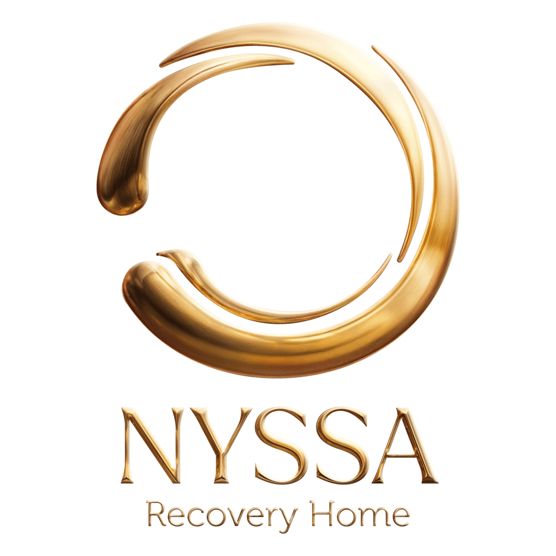 Logo of NYSSA Recovery Home with a stylized golden swirl above the text.