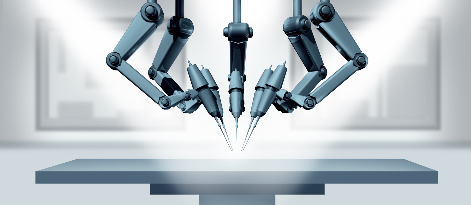 Surgical Robots and Robot Operation as computer guided AI Surgery Concept and advanced medical robotics in a hospital operating room.