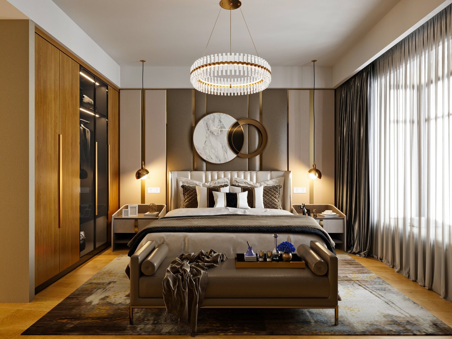 elegant luxury bedroom, hotel room, 3d rendering