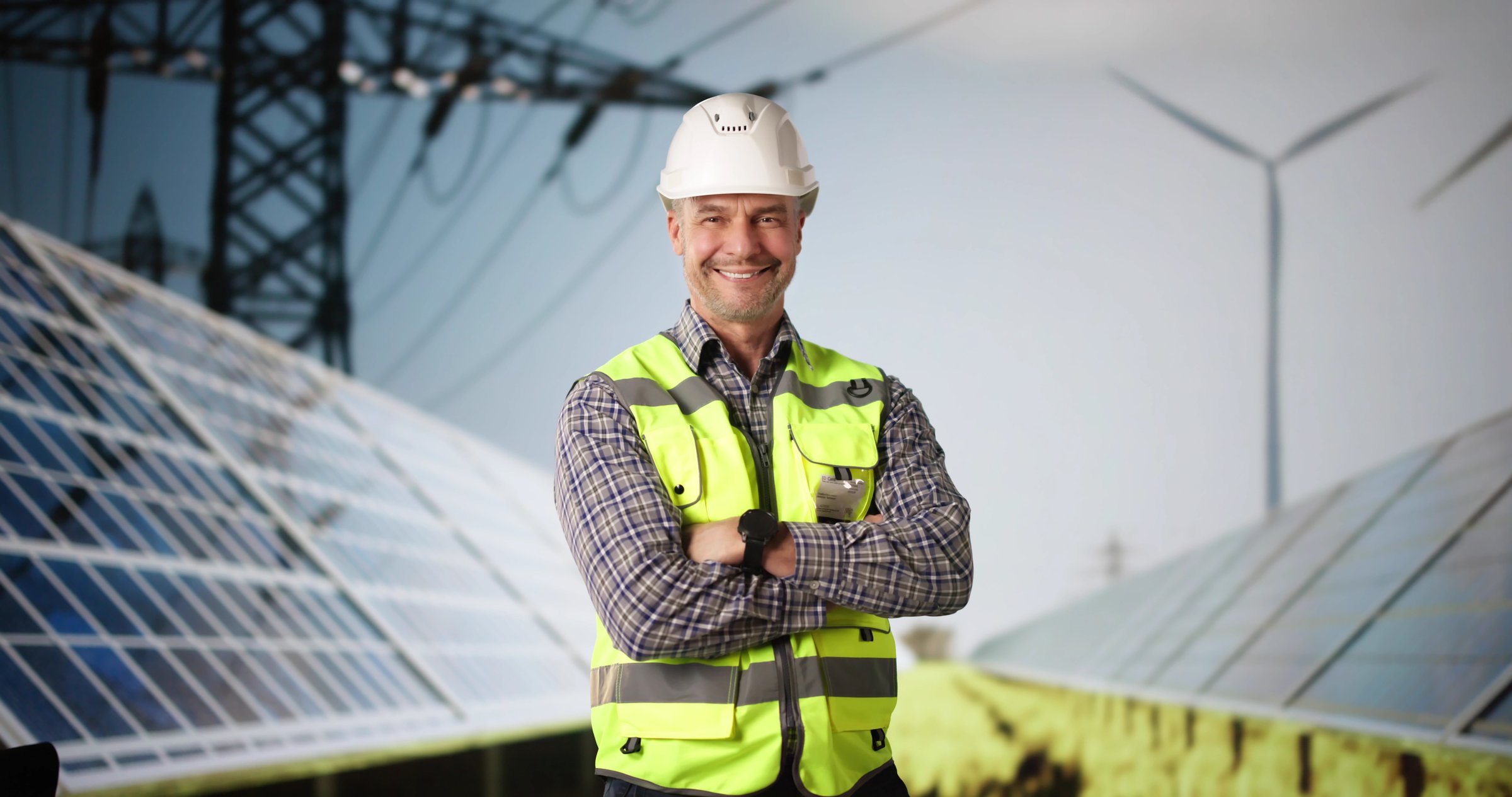 Solar Panel Engineer Worker. Man Near Photovoltaic Sustainability Energy Tech