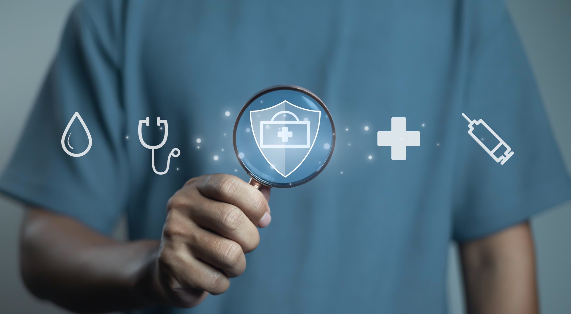 Doctor holding magnifying glass with healthcare icons, symbolizing medical insurance, health protection, diagnosis, prevention, and patient care in modern healthcare technology services.
