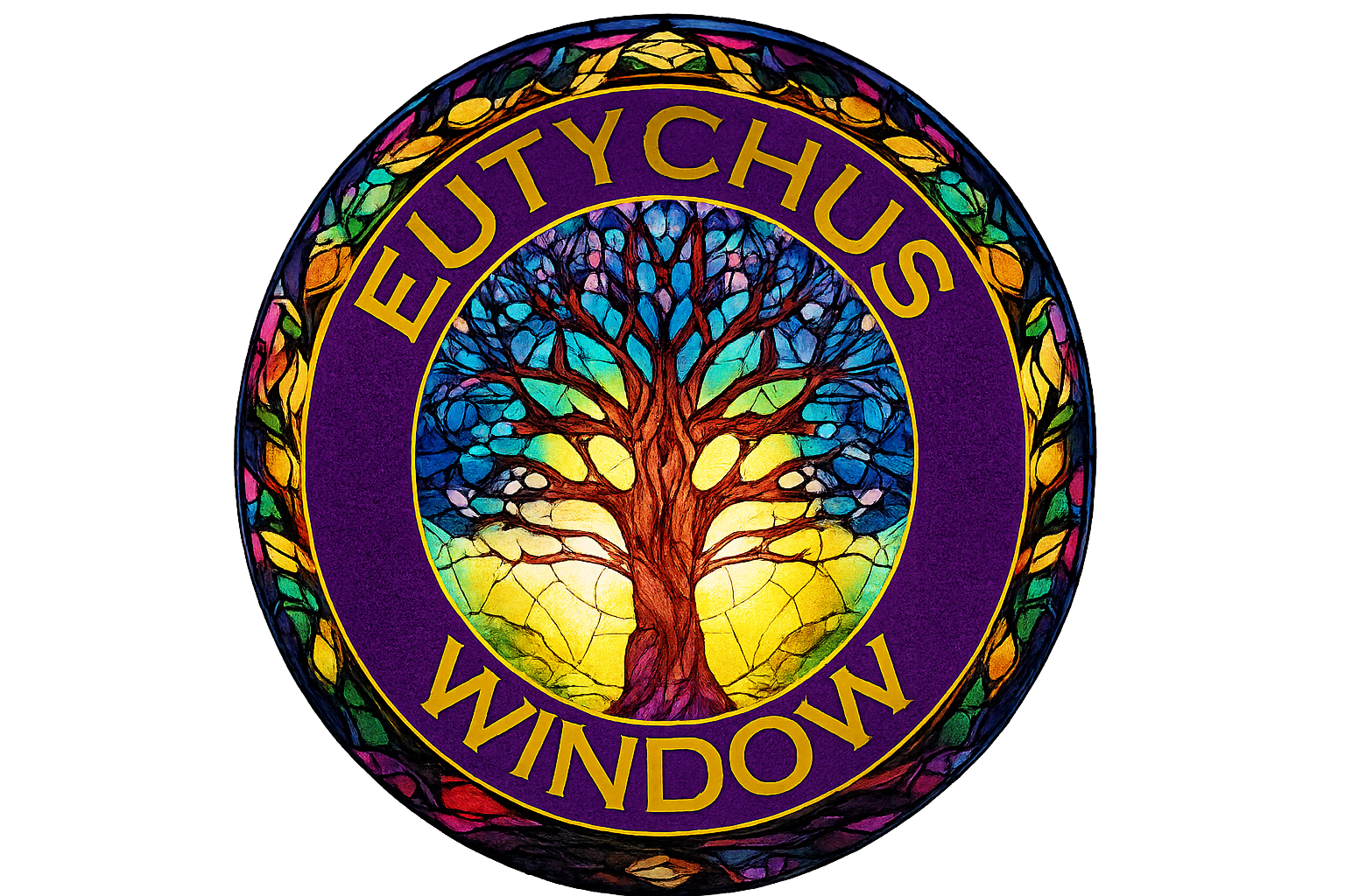 Colorful stained glass window depicting a tree with the words Eutychus Window in a circular design.
