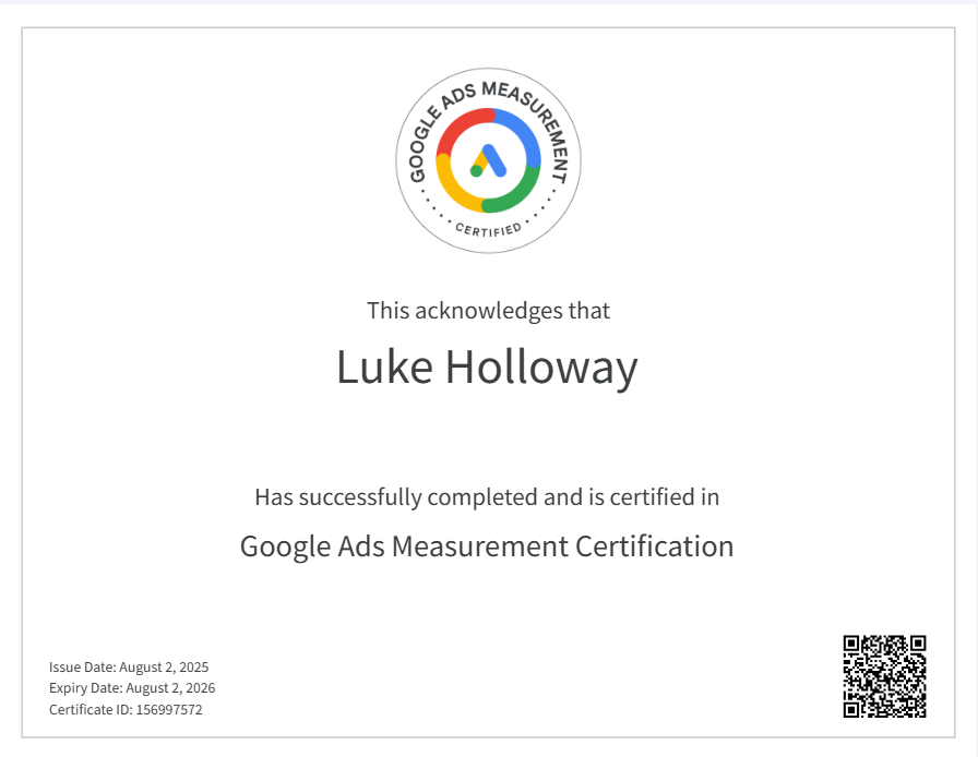 Screenshot of Google Ads Measurement certification