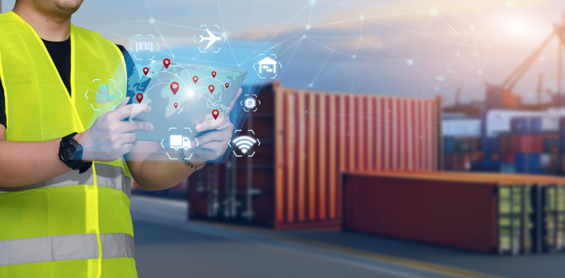 Man hands using tablet on blurred cargo port as background