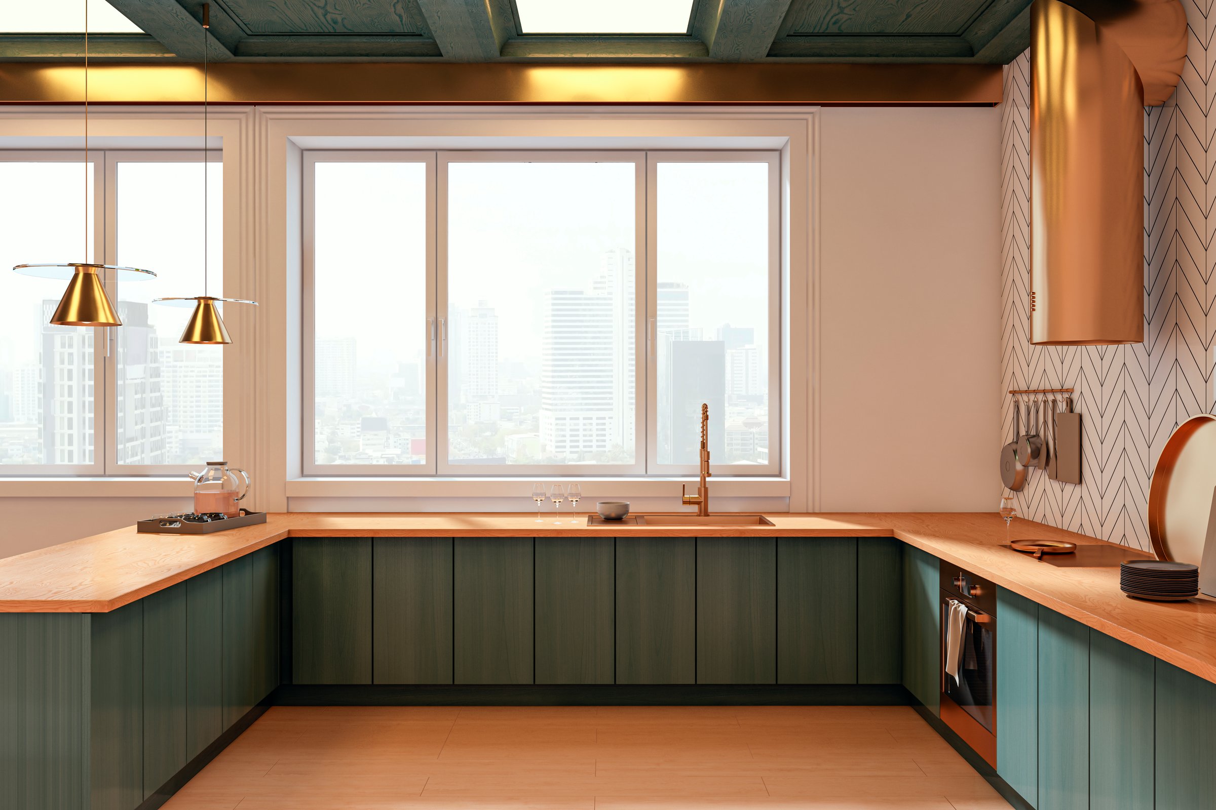 Bright modern kitchen interior with green cabinets, golden fixtures, wood counters, city view background