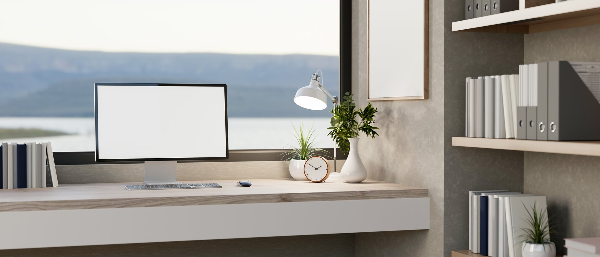 A computer with a white screen mockup and decor placed on a desk against a large window with a stunning nature view. office, home office, place of work, 3d render, 3d illustration