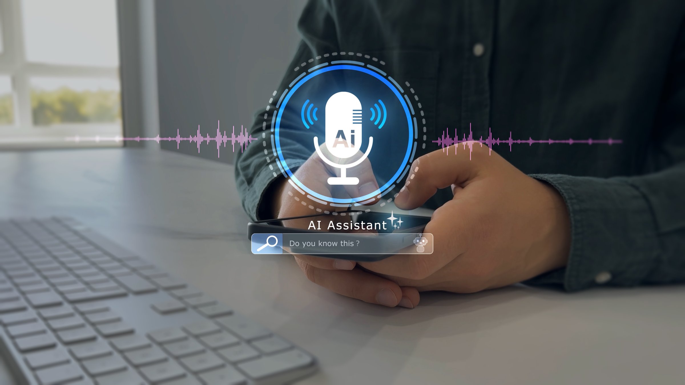 AI assistant voice chat interface.Person interacting through microphone with AI voice chat. Digital communication, speech recognition, and smart technology enabling natural conversation.