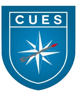 Blue shield with CUES text above a white star and red-tipped arrow design.