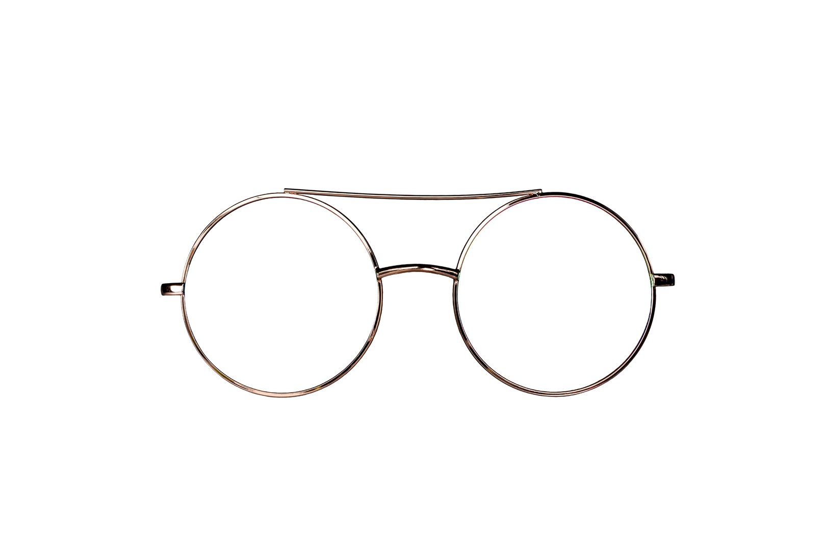 Round shape golden frame eye glasses isolated cutout on white background