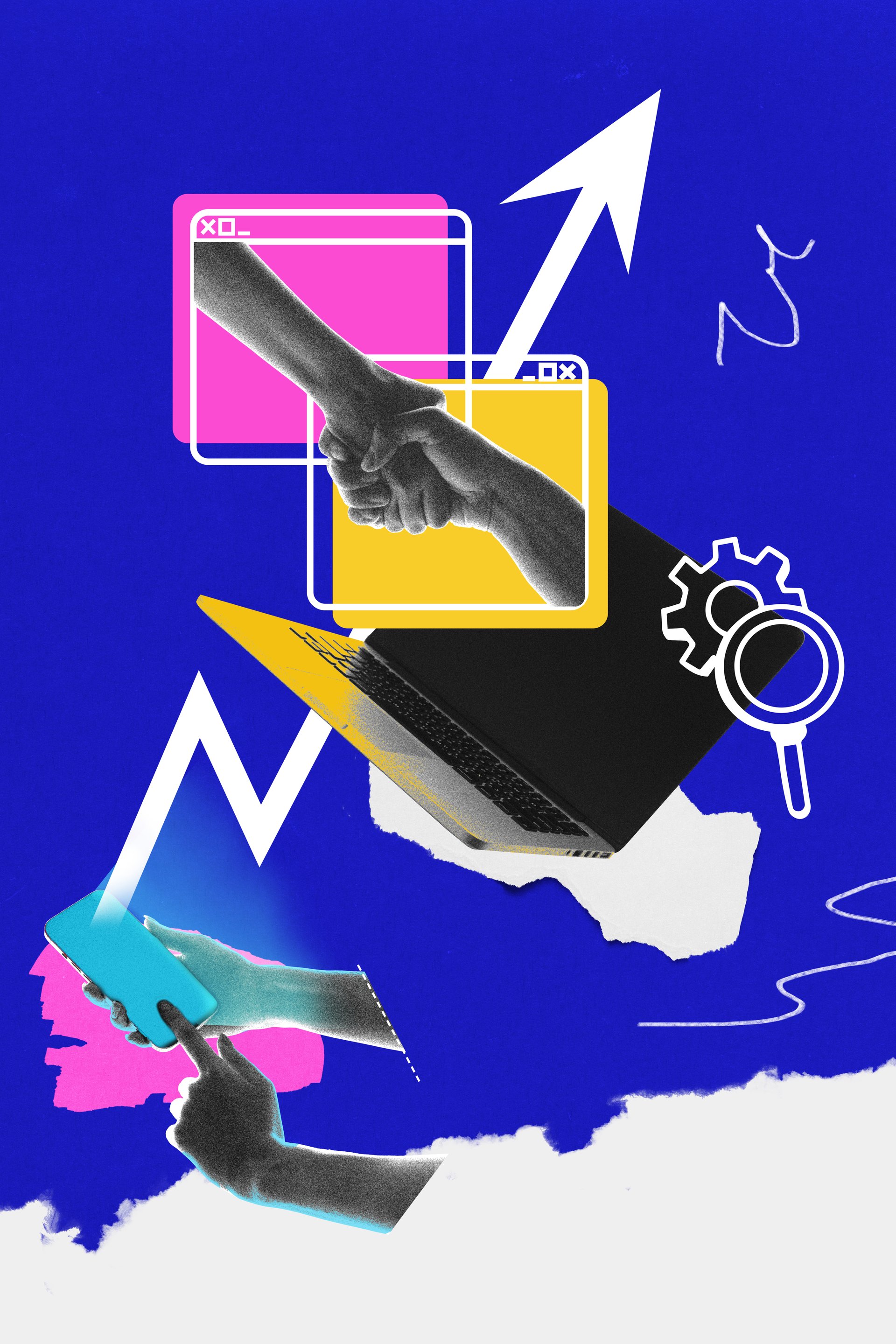 Partnership growth. Hands shake through digital windows, rising arrow, illustrating collaborative strategies. Concept of digital marketing, partnership, networking, social media. Photocopy effect