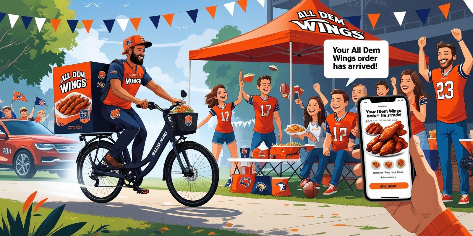 A bike delivery person brings wings to a group of people at an outdoor tailgate party with a sports theme.