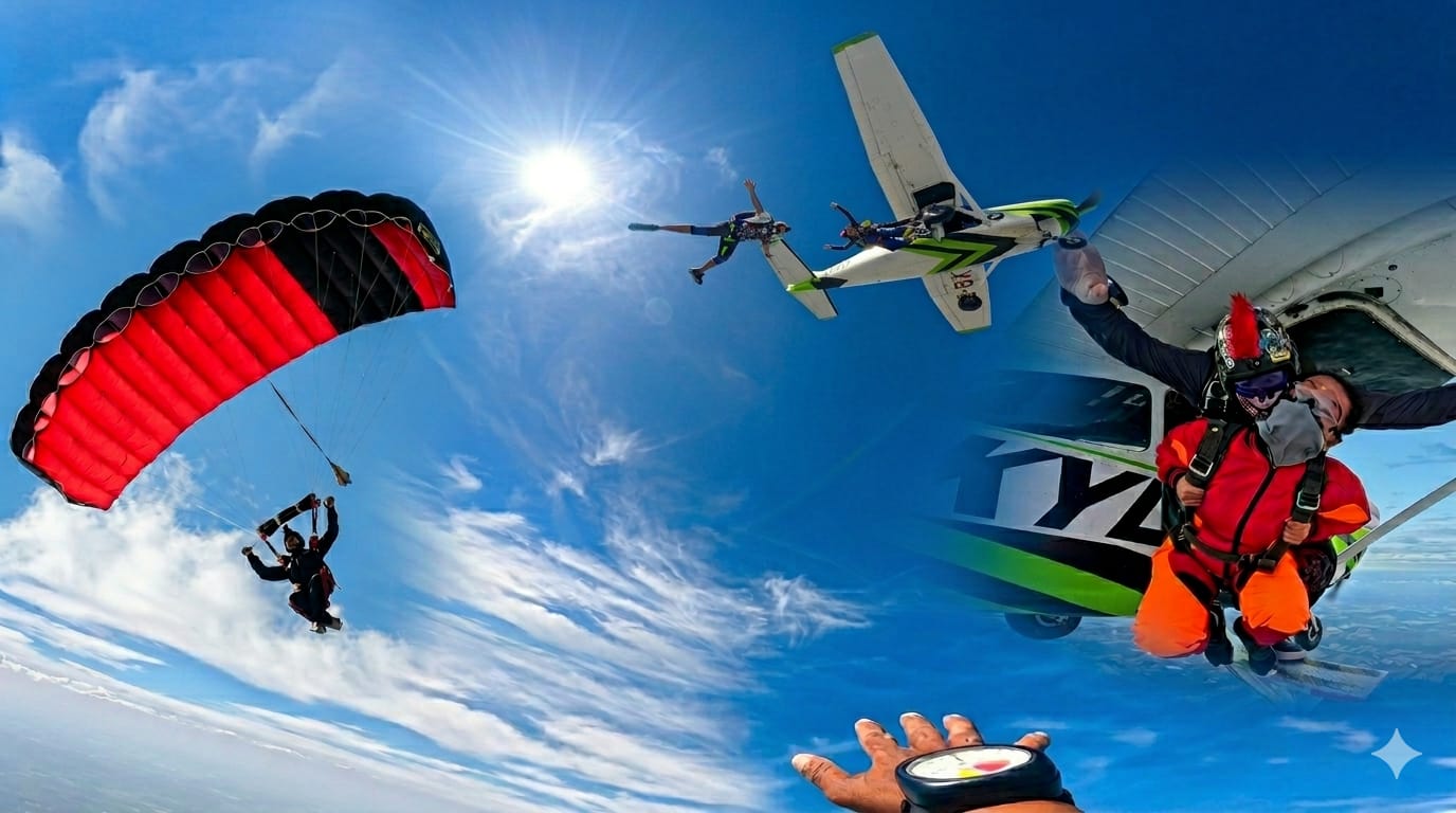 Tandem skydivers jumping together in blue sky