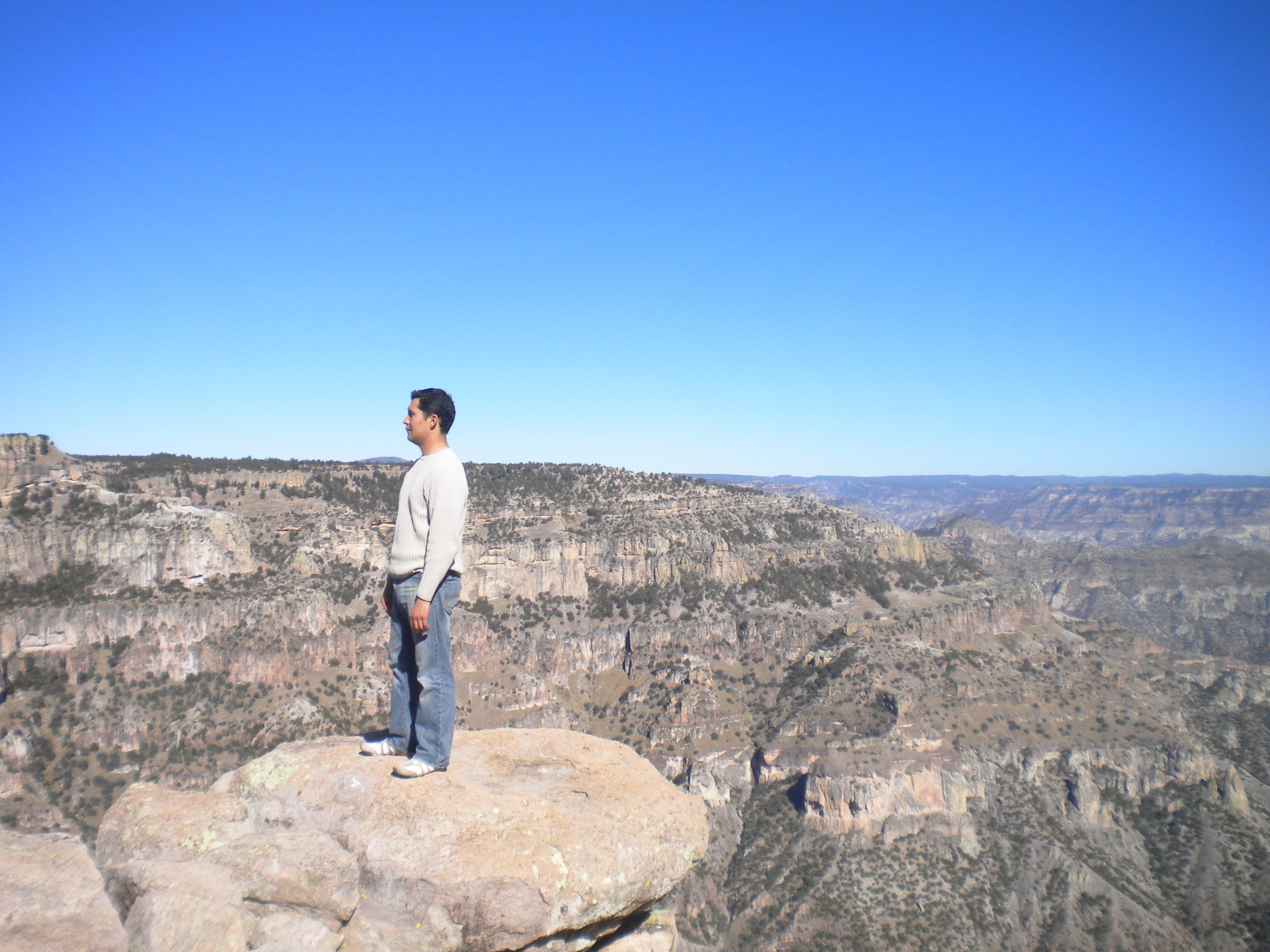 Person standing on a rocky cliff overlooking a vast canyon landscape under a clear blue sky.