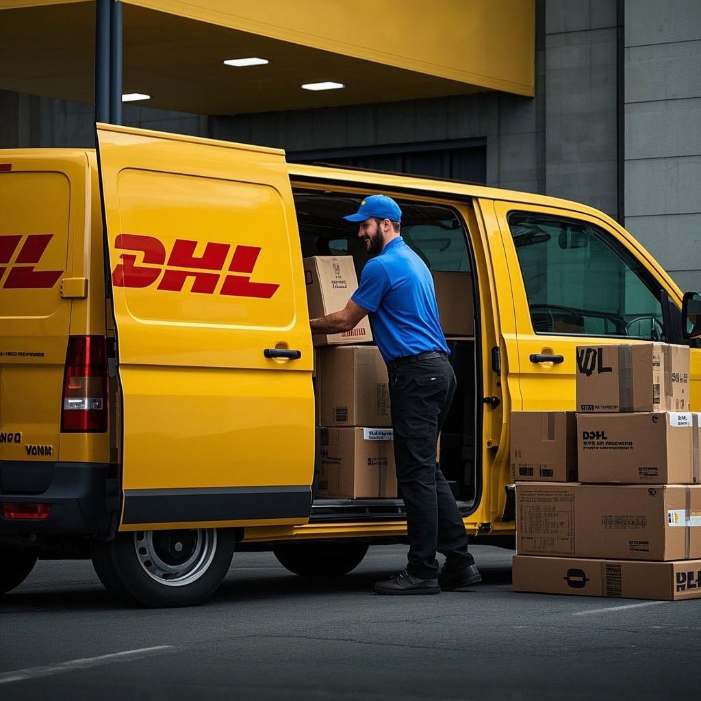 Courier loading packages into a yellow DHL van outside a building.