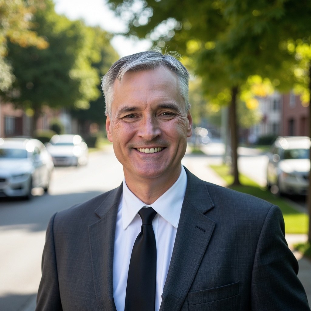 Smiling man in a car wearing a black T-shirt with Loan Signing System and a palm tree graphic.
