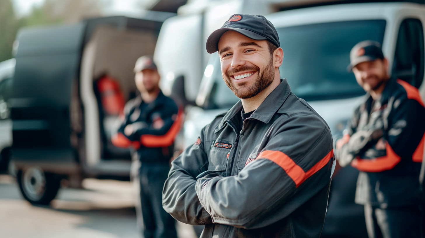 Three smiling delivery men in uniform standing in front of vans, with one in focus, arms crossed, and two blurred in the background.