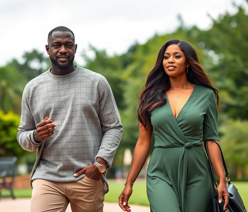 A man and woman walking outdoors on a sunny day; the man in a sweater and pants, the woman in a green dress.