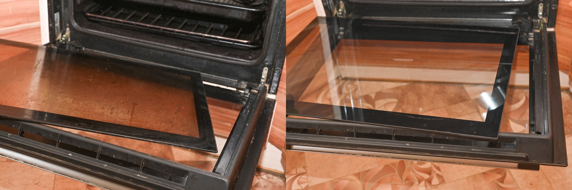 Comparison of the glass of the oven door before and after cleaning.