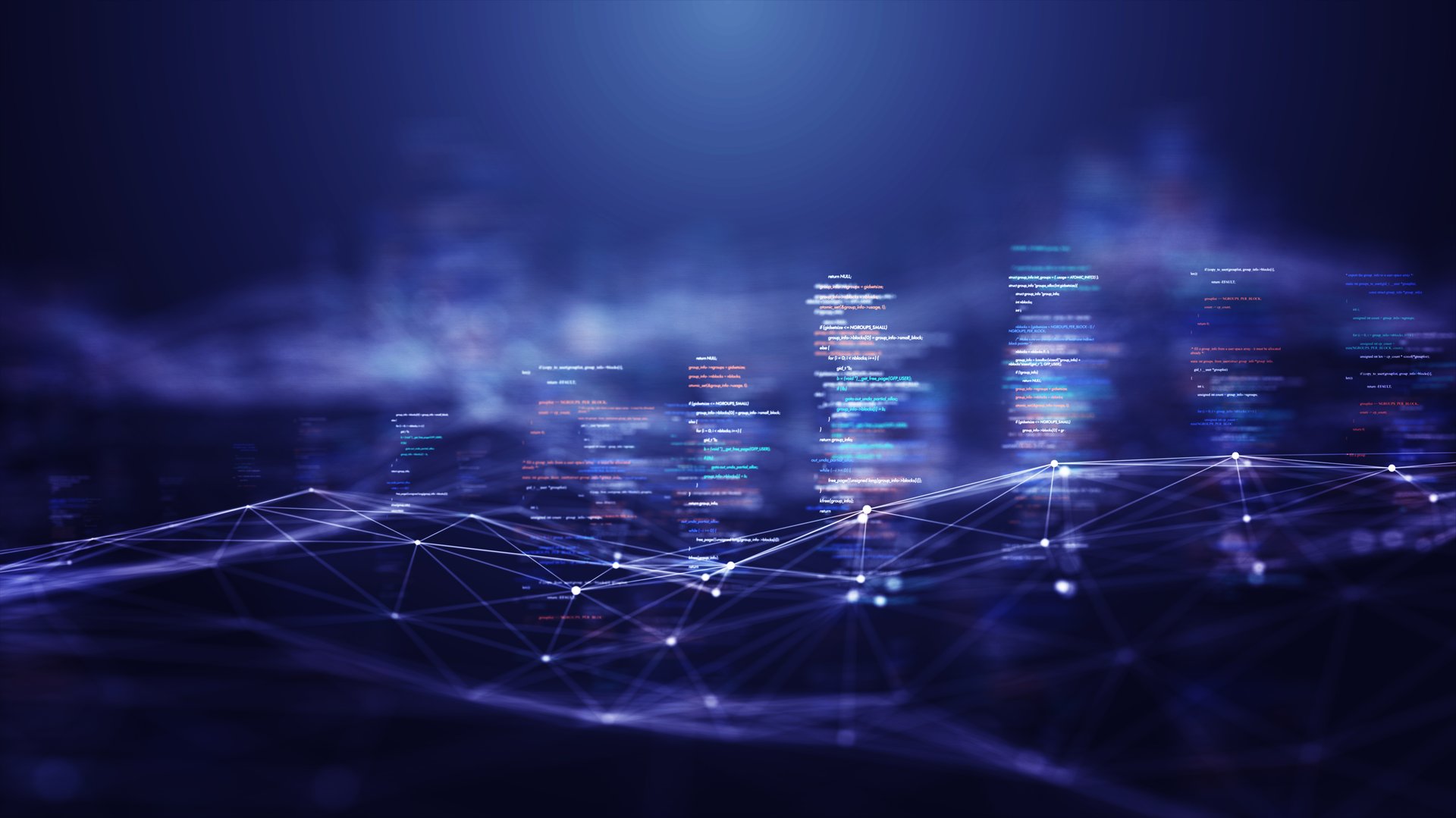 Abstract technology background with source code, data flow, and connected network lines, representing software development, programming, big data processing, analytics, digital transformation concept.