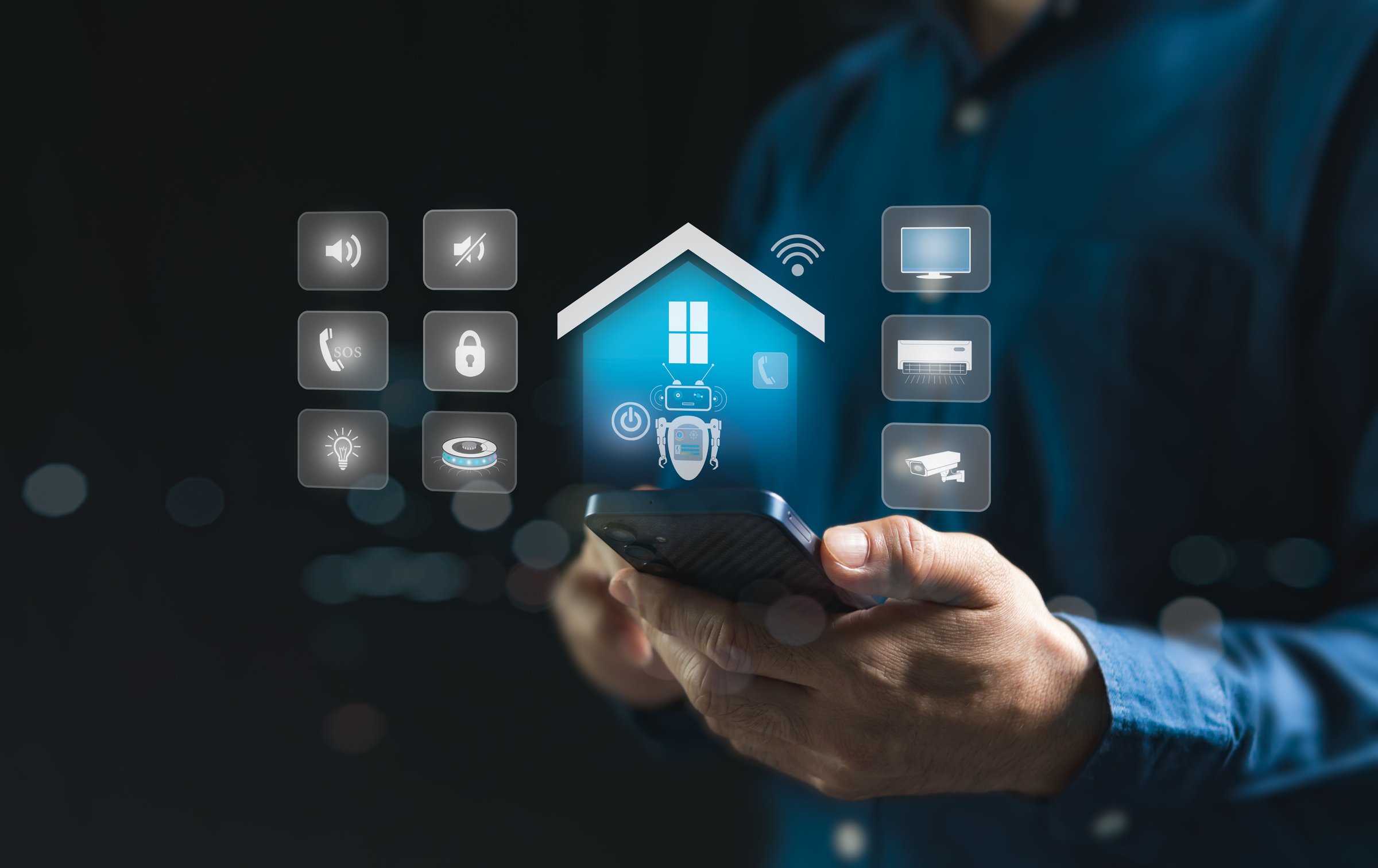 Smart home concept, remote control via mobile phone, Wi-Fi via AI assistant robot to control appliances and protect all systems that are connected within the home intelligently. Man using mobile phone