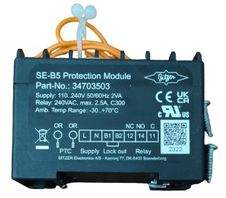 Rectangular SE-B5 Protection Module with specifications and QR code on its surface. Includes wires and connectors.