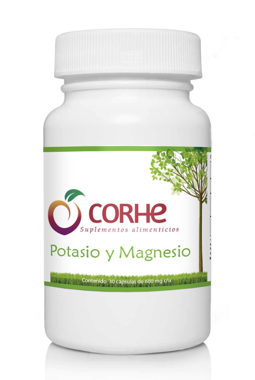 Bottle of Corhe Potasio y Magnesio dietary supplements with 30 capsules, labeled in Spanish.