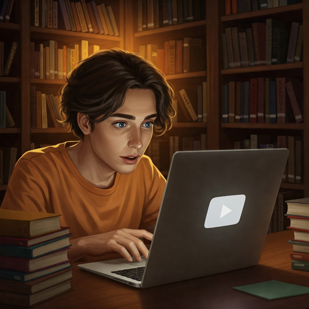 Young person in a library using a laptop with a play button on the screen, surrounded by stacks of books.