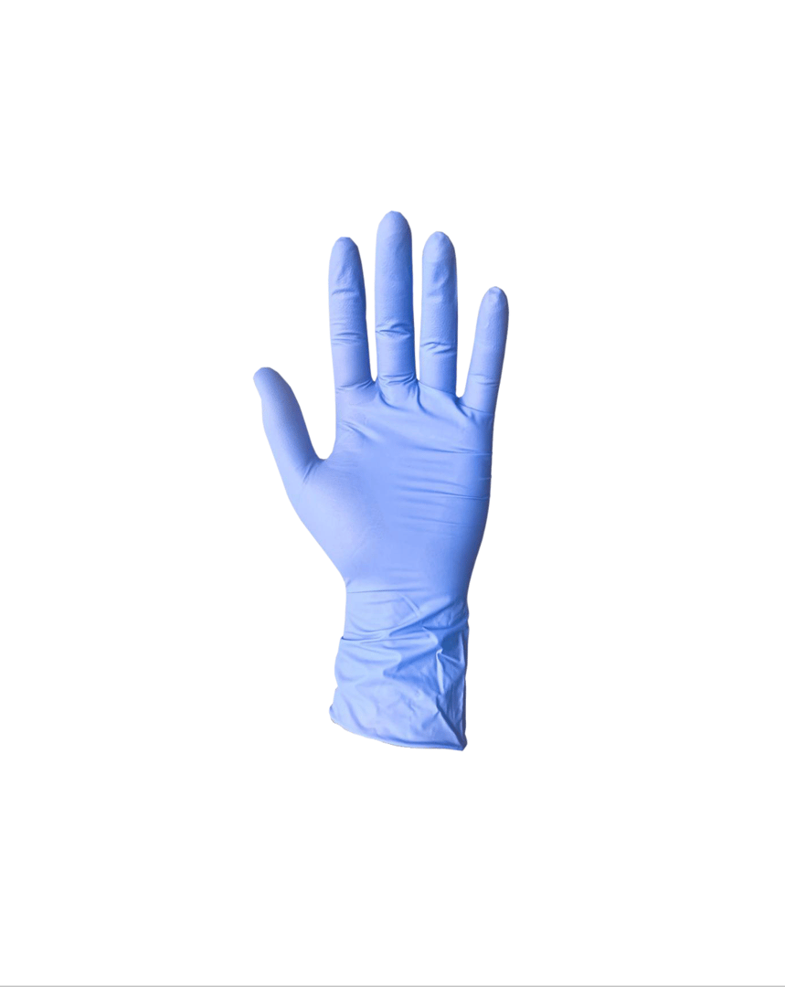 A blue latex glove on a raised hand with fingers spread, isolated on a white background.