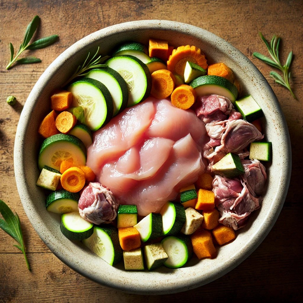 Bowl with raw chicken, lamb, sliced zucchini, carrots, and sweet potatoes, garnished with rosemary on a wooden table.