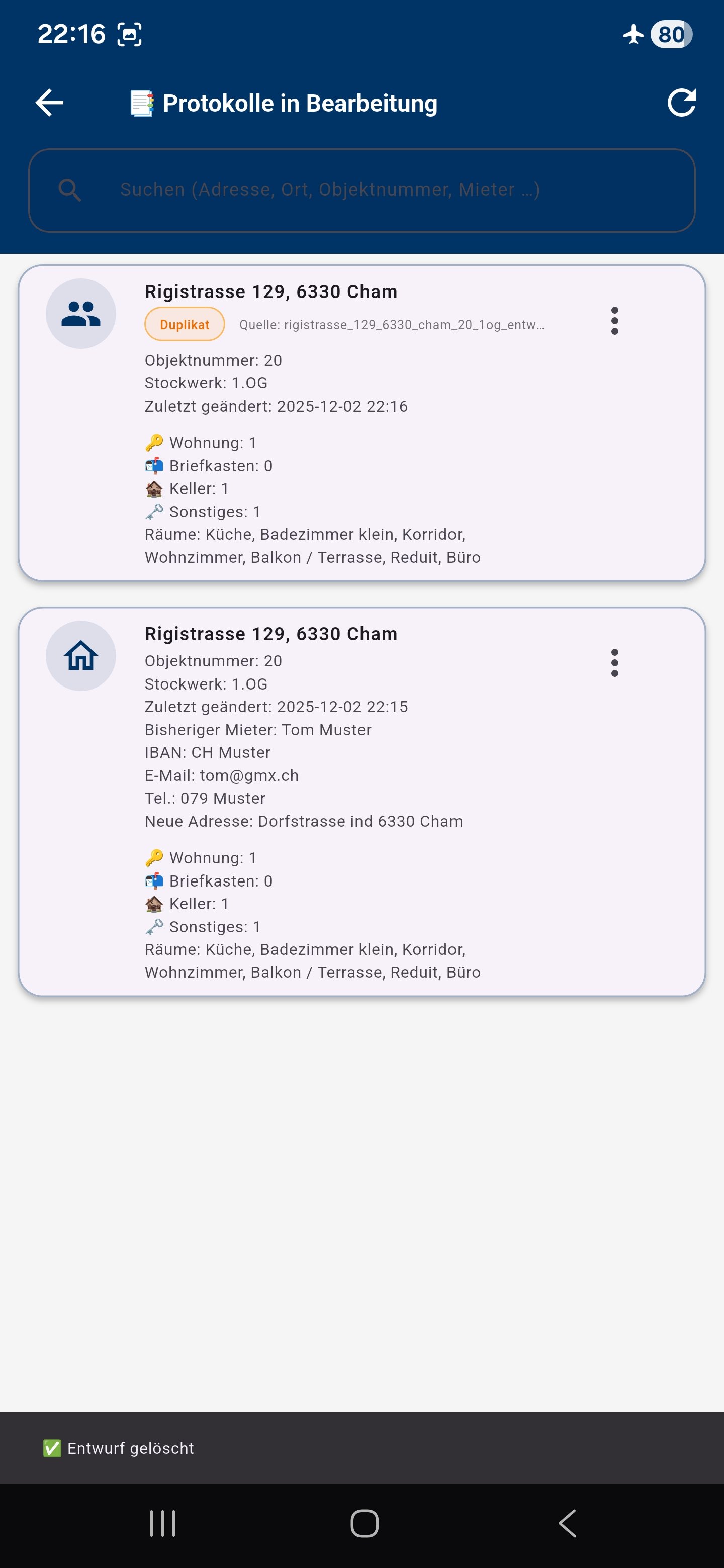 Wohnungsprotokoll App Screenshot - Raum bearbeiten oder duplizieren