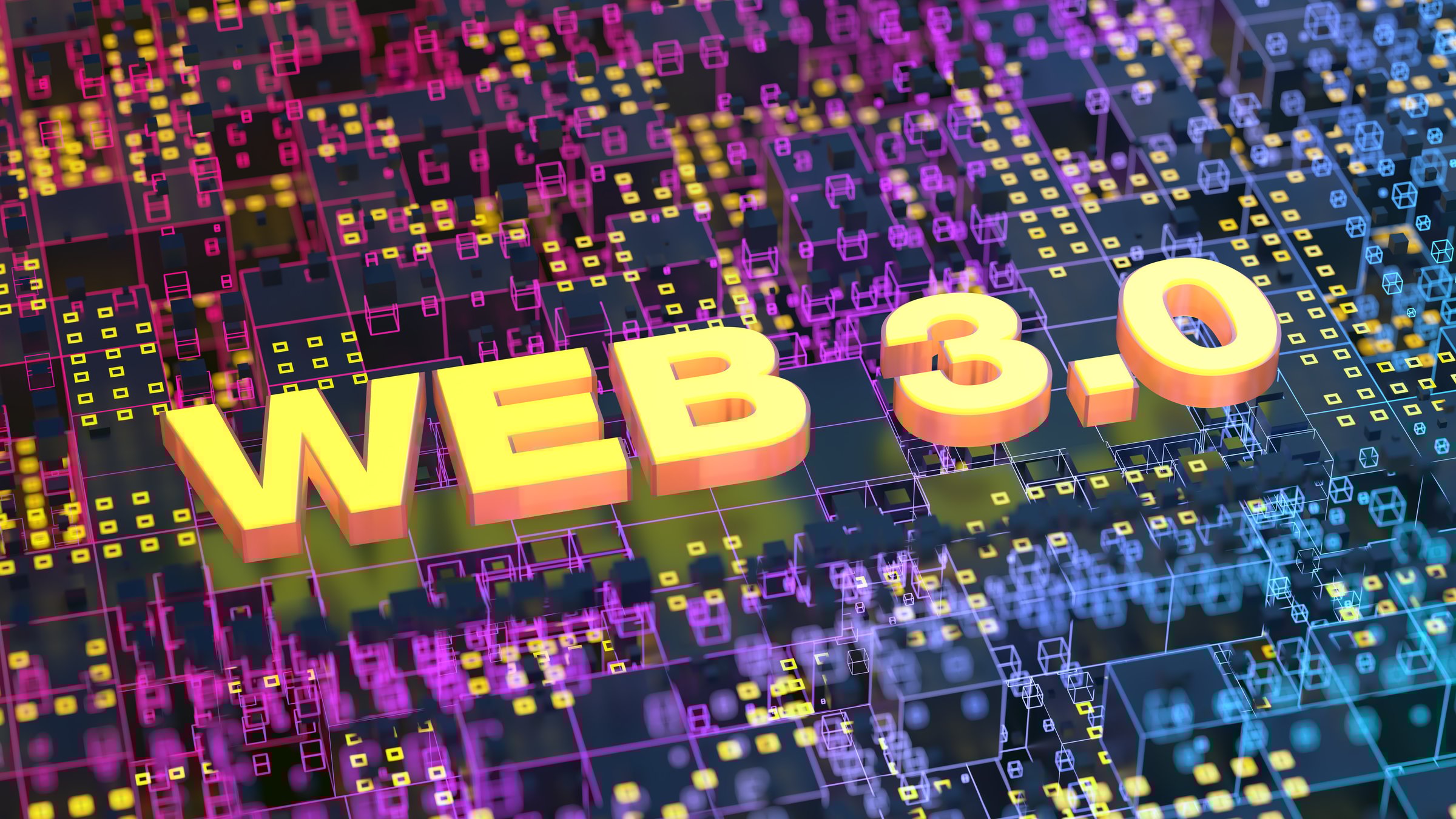 Web 3.0 typography with on anstract futuristic tech wireframe background. Metaverse, future decentralized internet and new creative economy concept. 3D illustration