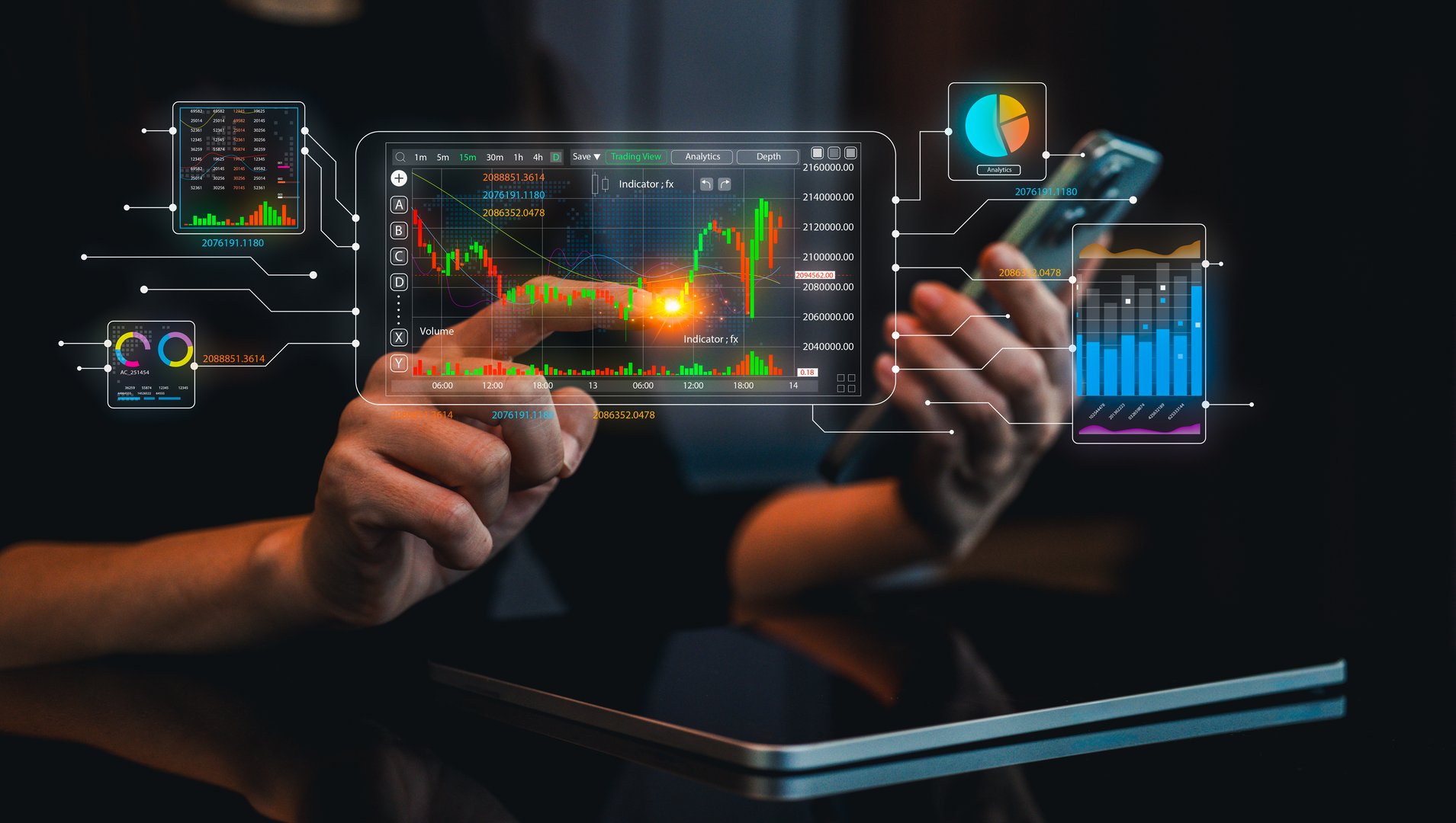 A person analyzes financial data on a tablet, utilizing charts and graphs to inform investment decisions in a digital workspace.