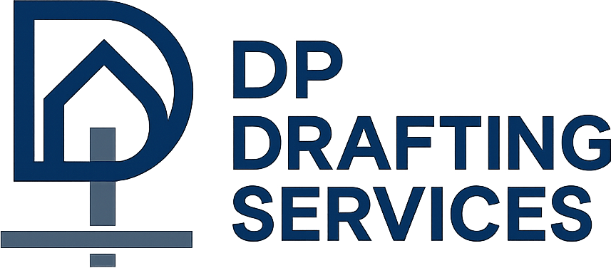 Logo for DP Drafting Services featuring a stylized house silhouette in a circle next to the company name in bold letters.