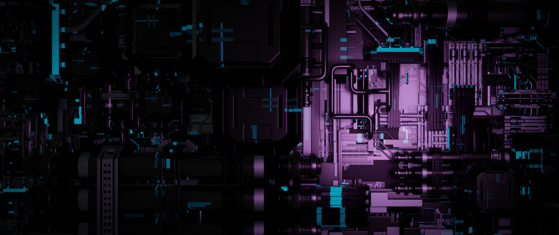 A futuristic cyberpunk cityscape with glowing neon lights. The image is an abstract representation of a technologically advanced urban environment, with complex circuitry, geometric shapes, and a dark, industrial aesthetic.