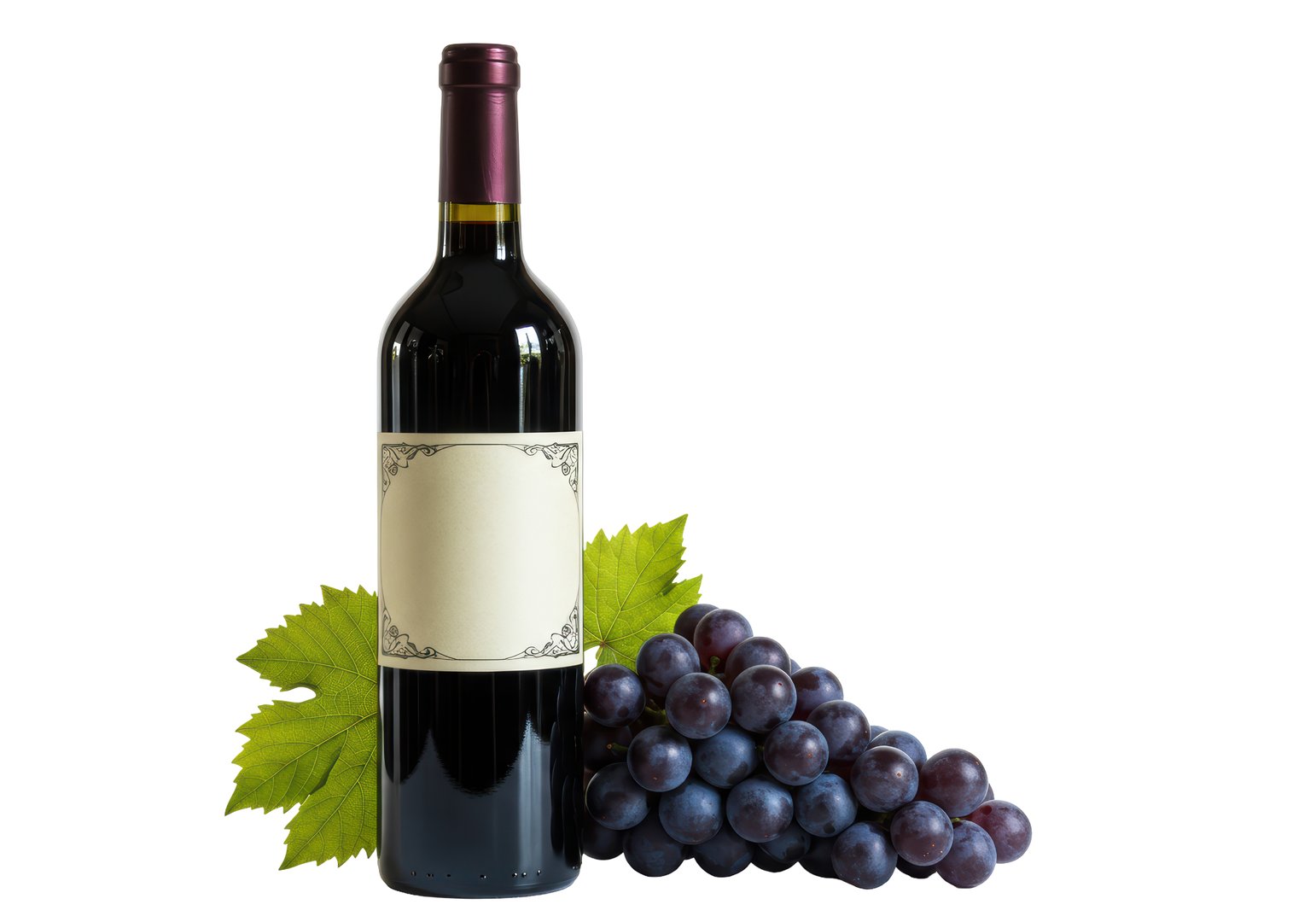 Isolated Dark Red Wine Bottle with Blank Label and Fresh Grapes