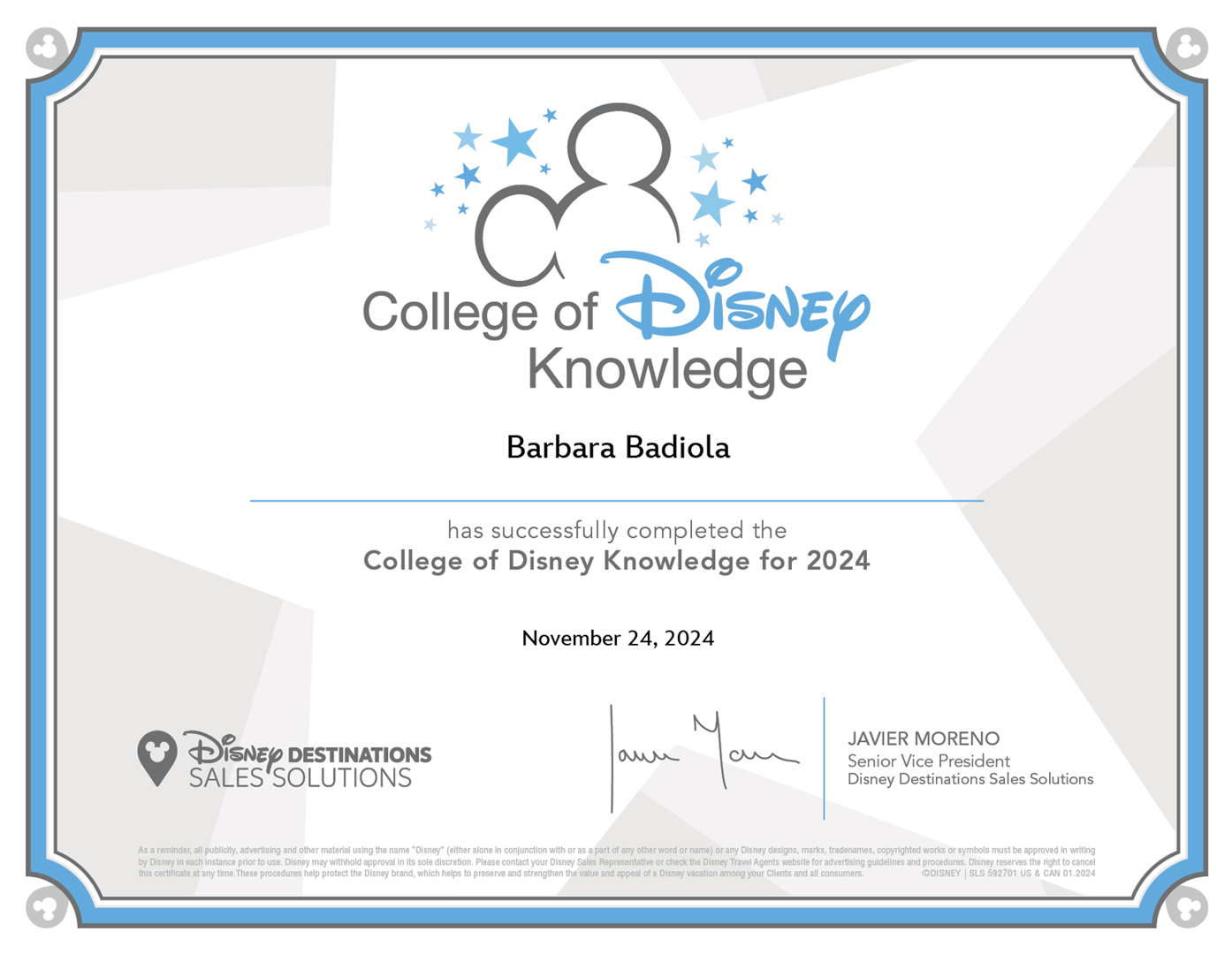 Certificado oficial College of Disney