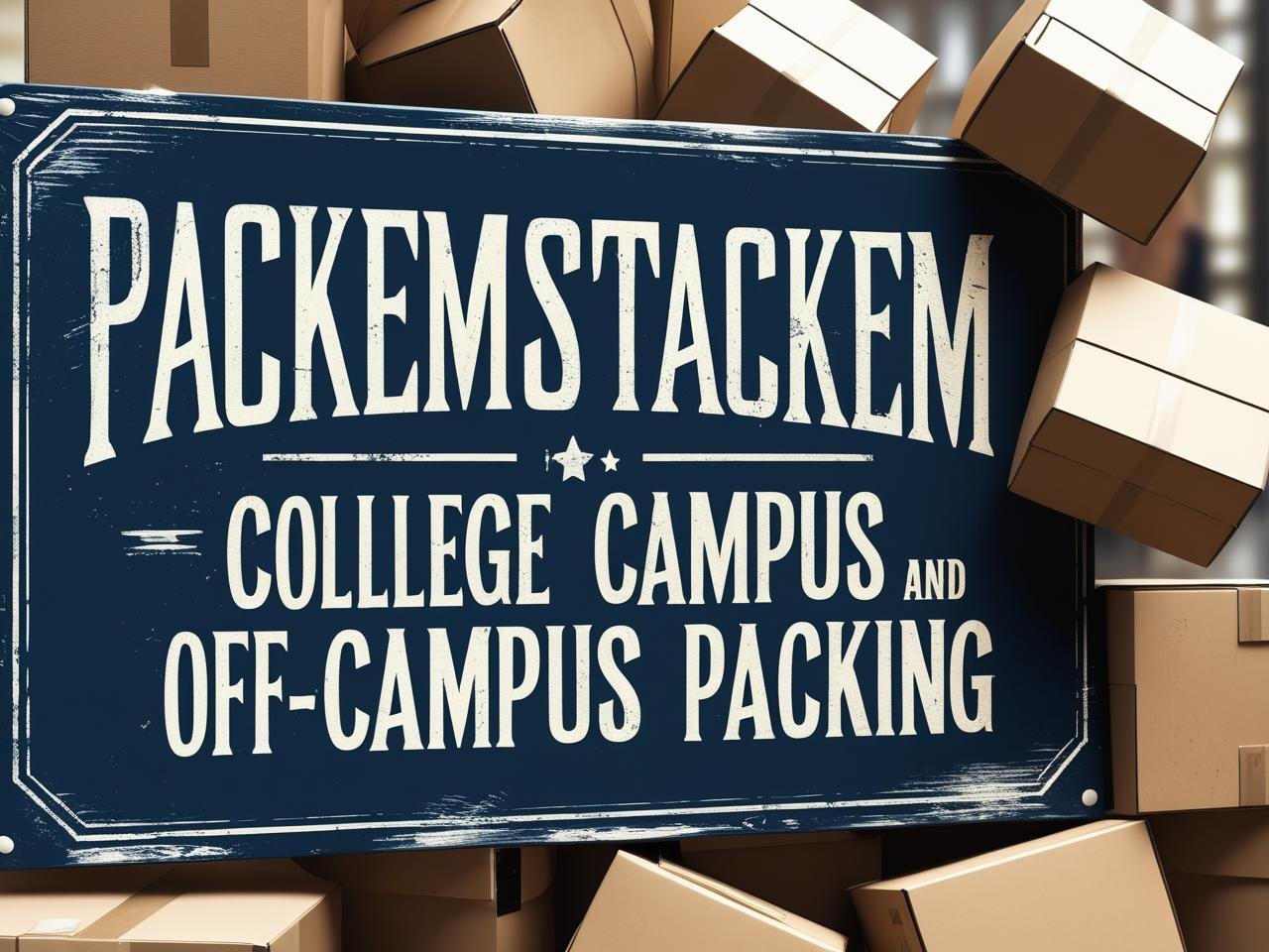 PackEmStackEm College Campus and Off-Campus Packing service sign with dark blue background and packing boxes