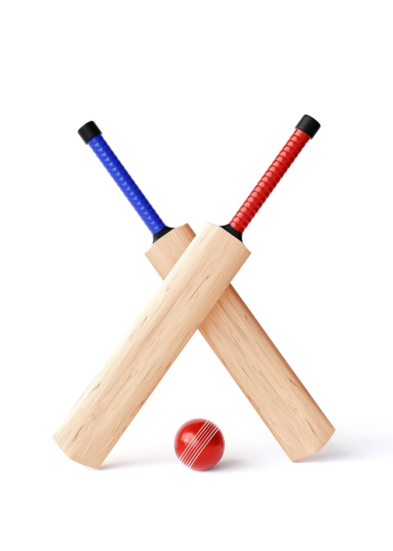 Crossed cricket bats and ball isolated on white background. 3d-rendering