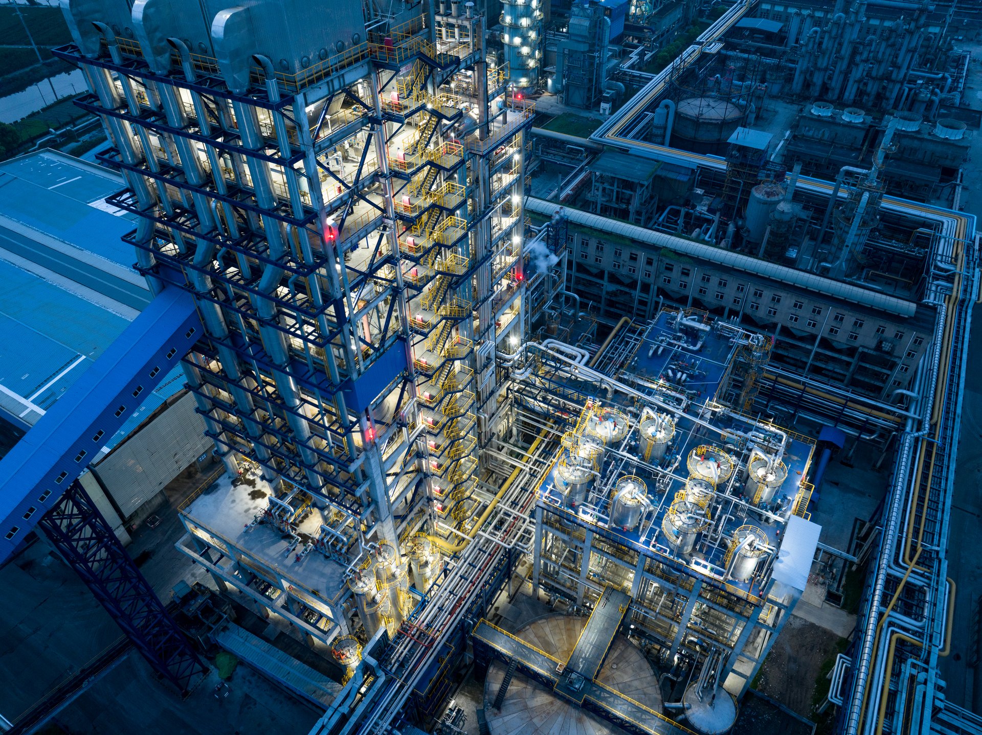 Aerial photographs of oil refineries plants, gas tank, oil tank