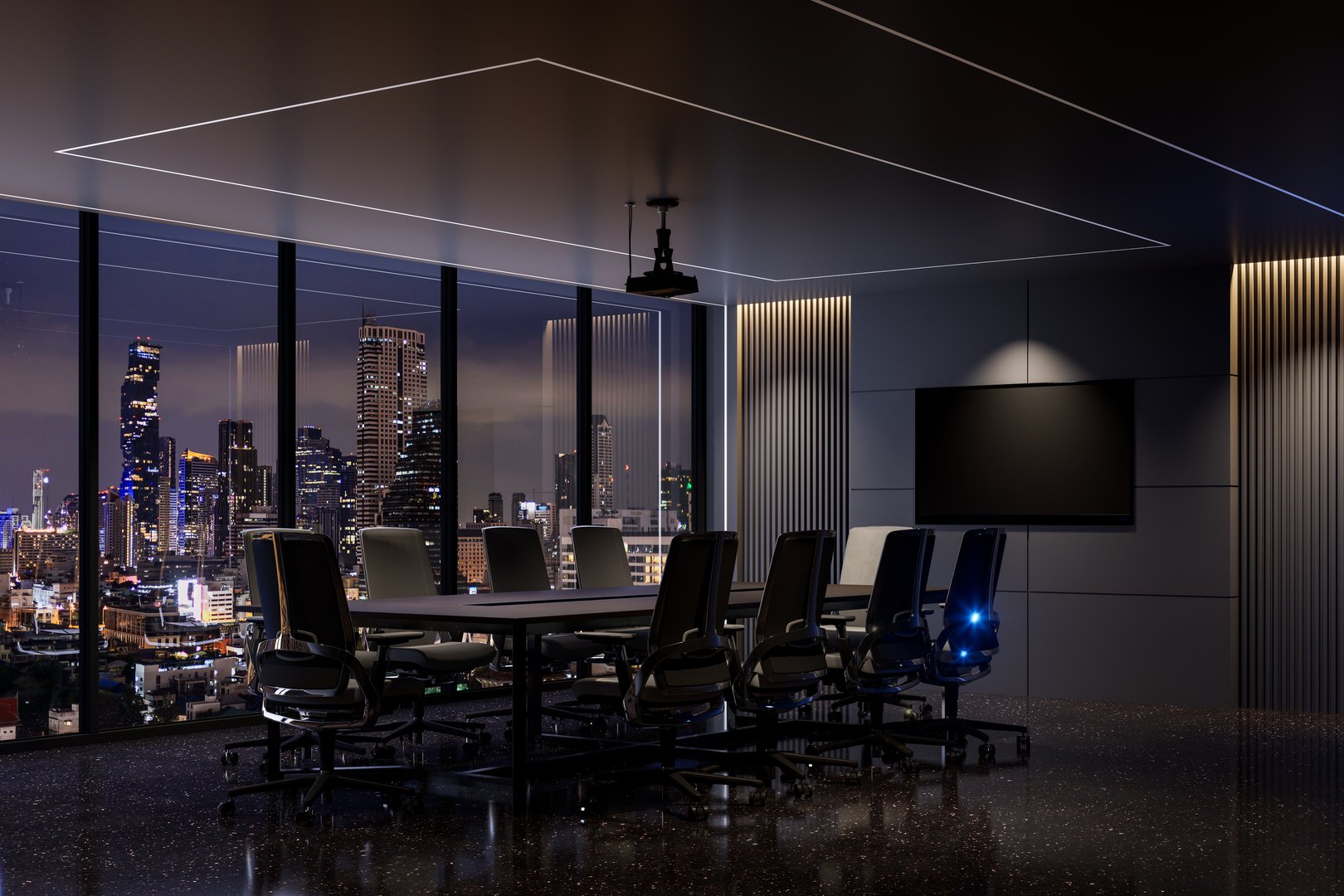 Modern style luxury black meeting room interior with night city view background 3d render, decorated with led stripe light.