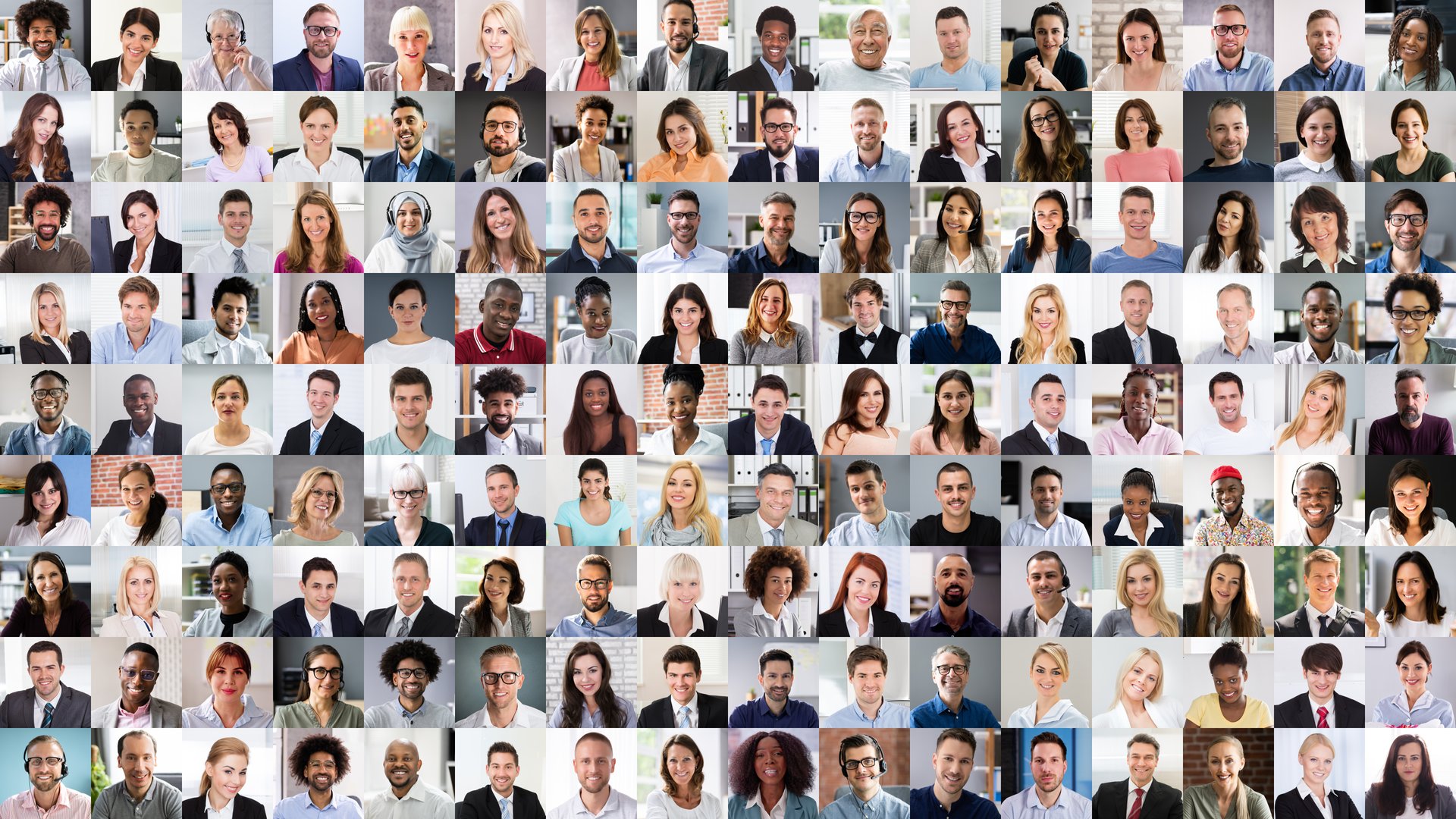 Business People Headshots Collage. Group Online Video Webinar