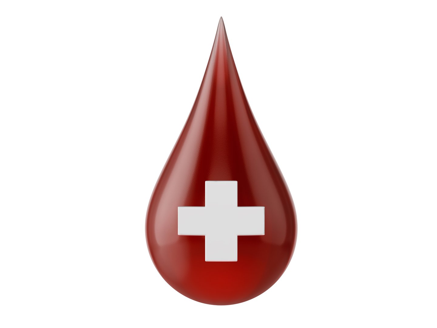 Blood drop with cross icon. Life, health, donation symbol. Red blood vital fluid closeup isolated, white backdrop. Medical research, healthcare emergency. 3D blood symbol, medicine liquid droplet icon