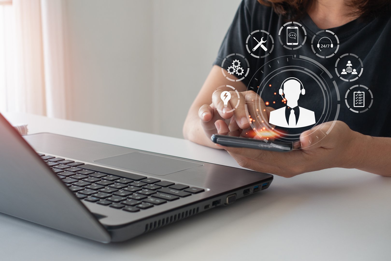 Technical Support Center Customer Service Internet Business Technology Concept. Woman hand using smartphone with VR screen support customer icon, IT support, call center, customer service help 24 hrs.