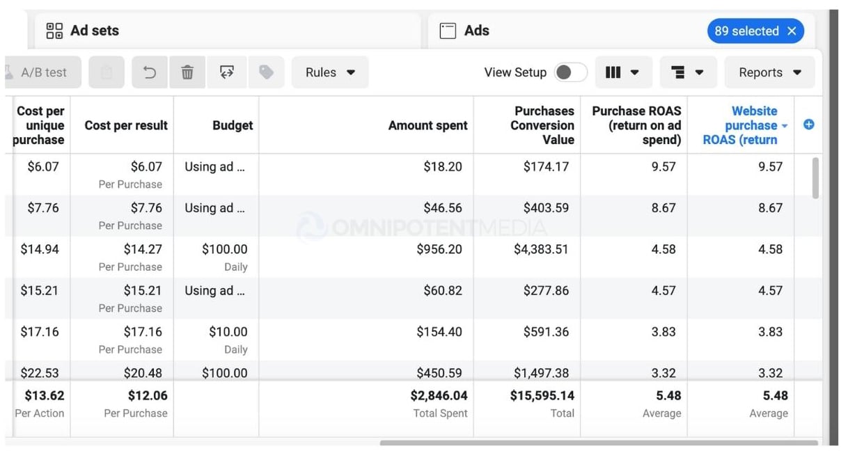 Meta advertising results showing impressive ROAS and conversion performance for Shopify ecommerce store