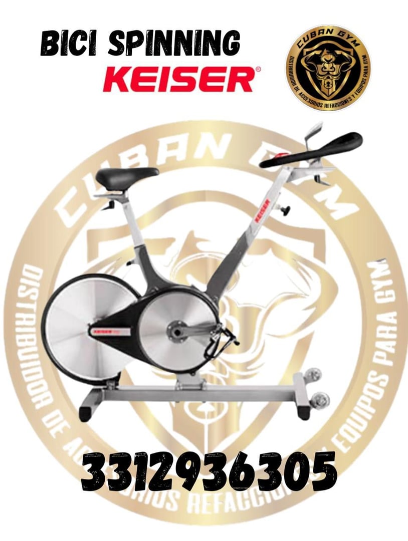 Keiser spinning bike advertisement with a logo and contact number 3312936305 prominently displayed.