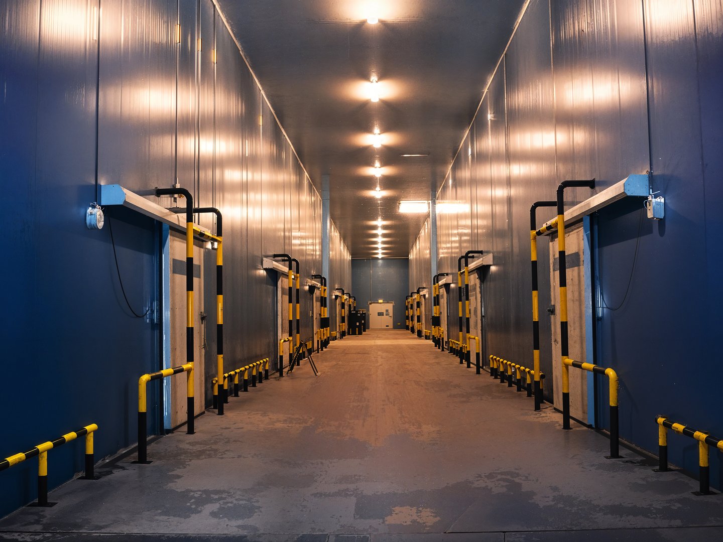 A long, industrial freezer or cold storage hallway with doors and safety barriers. The perspective emphasizes depth, leading the eye toward the end.