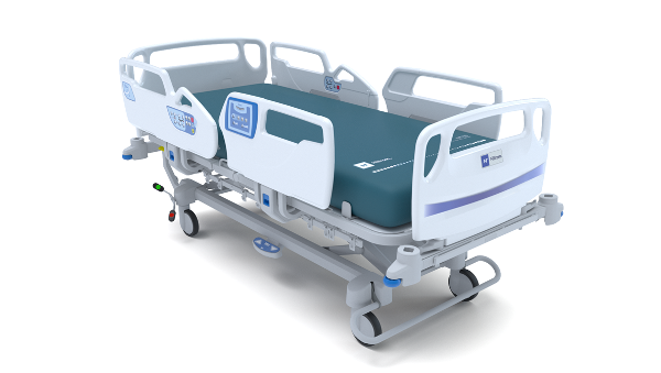 A modern hospital bed with adjustable side rails, digital controls, and a blue mattress, designed for patient care.