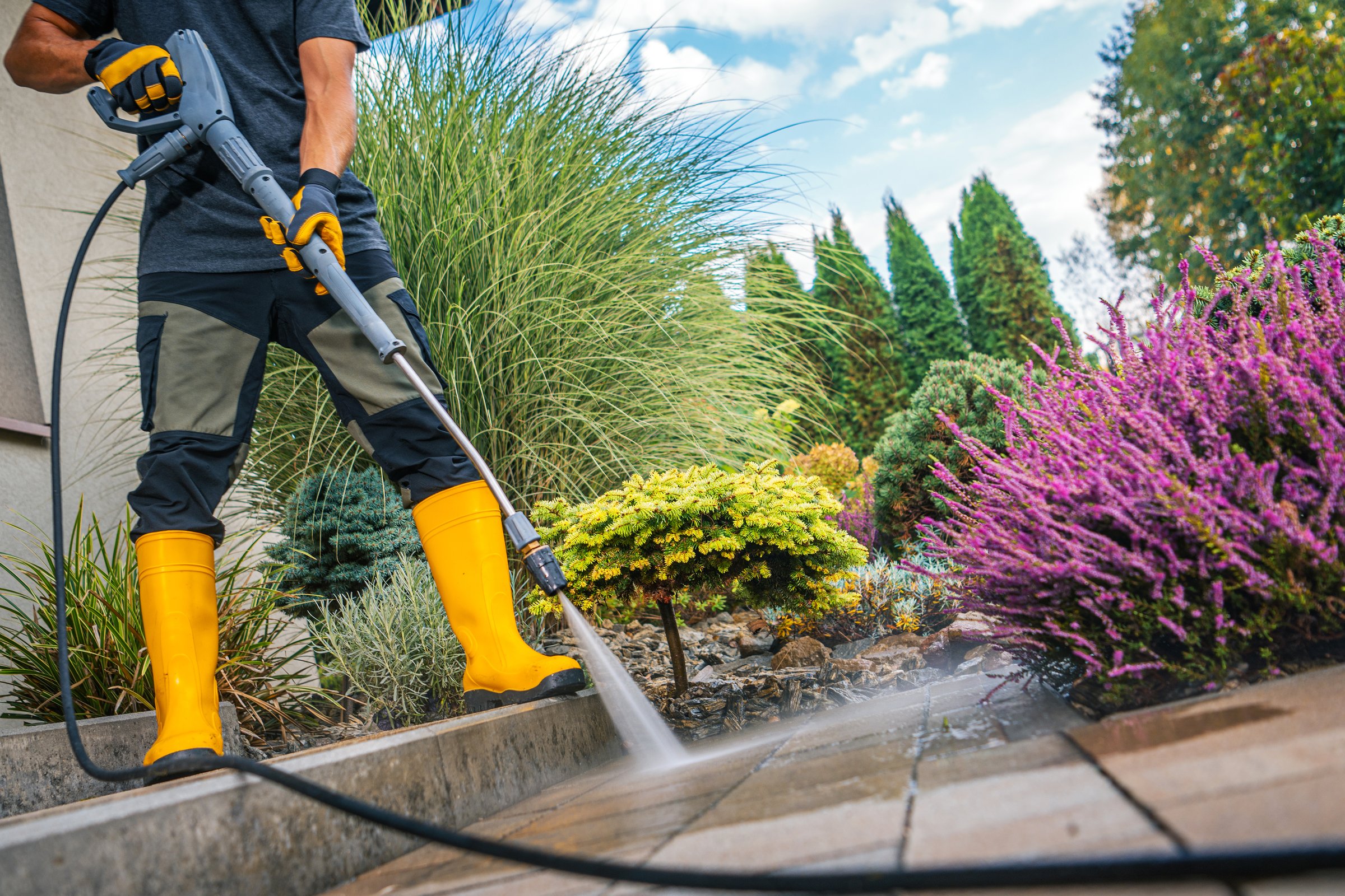 A person in yellow boots operates a pressure washer, clearing dirt and debris from a garden path lined with colorful shrubs and greenery.